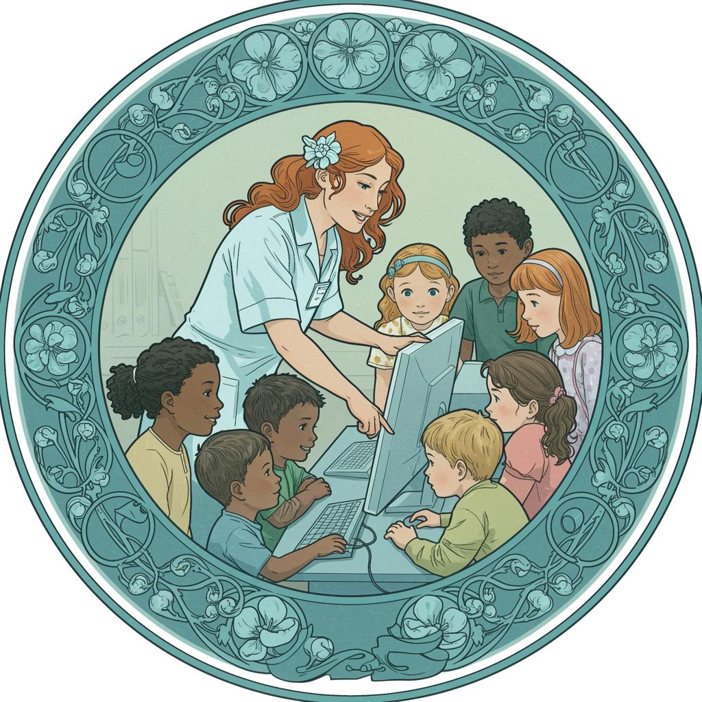Create_a_round_art_nouveau_style_picture_in_shades_of_cyan_representing_a_healthcare_professional_teaching_a_group_of_children_to_use_a_computer_image_1_
