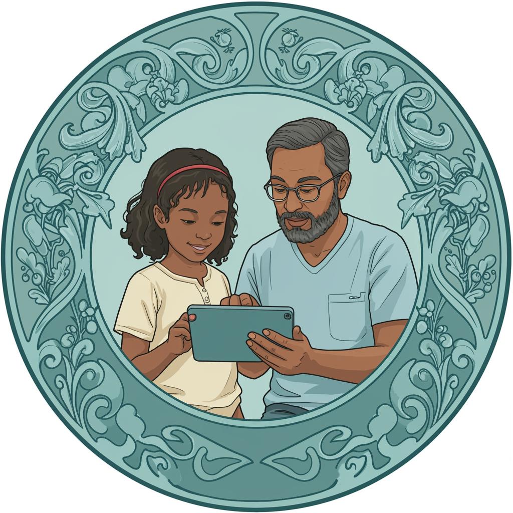 Create_a_round_art_nouveau_style_thumbnail_in_shades_of_cyan_representing_an_occupational_therapist_conducting_a_digital_accessibility_assessment_with_a_child_image_1_