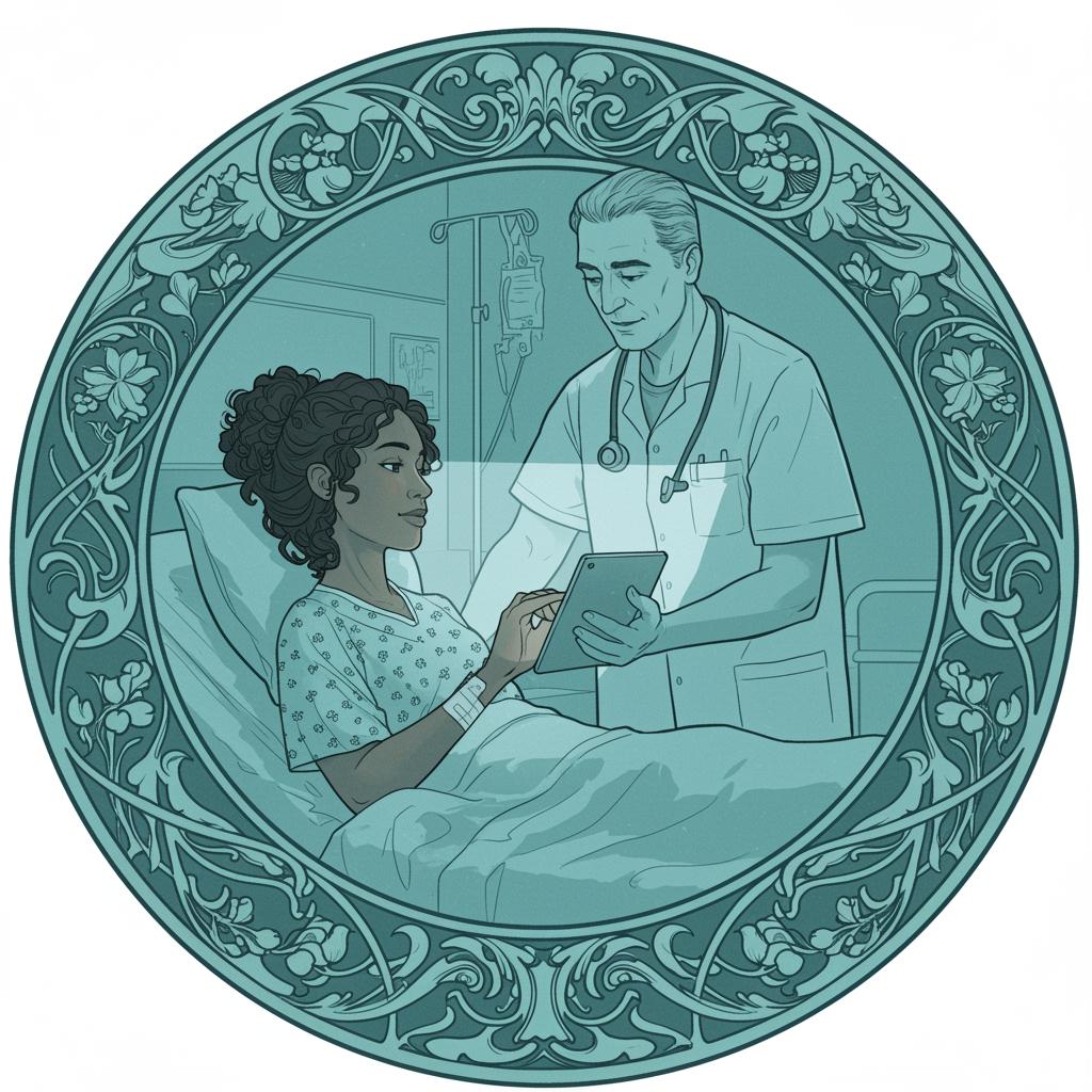 Create_a_round_art_nouveau_style_vignette_in_shades_of_cyan_representing_a_patient_in_a_bed_using_a_tablet_to_communicate_with_their_nurse_image_1_