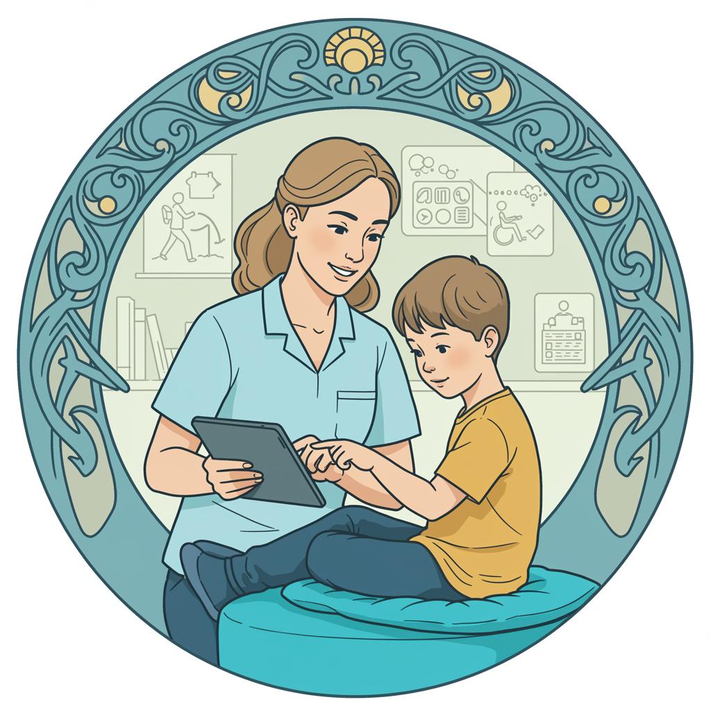 Create_a_round_thumbnail_in_an_art_nouveau_style_in_shades_of_cyan_depicting_a_Caucasian_occupational_therapist_conducting_a_digital_accessibility_assessment_with_a_child_image_1_